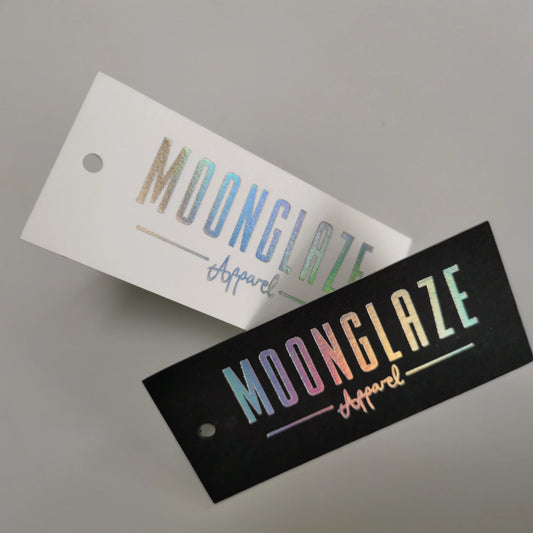 High quality custom size paper hang tags with holographic foiling