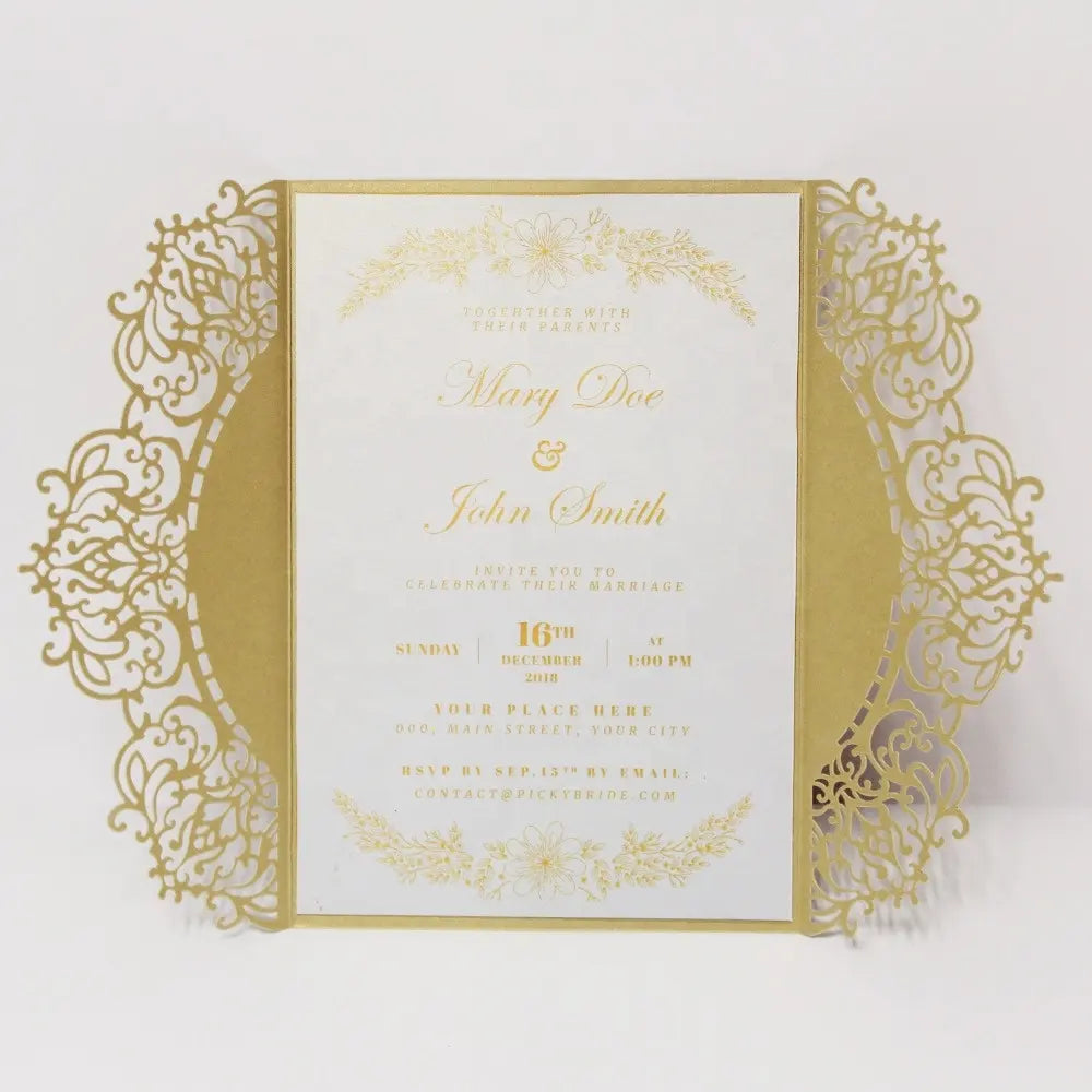 Luxury invitation wedding customised menu cards laser cut designs gold foil stamping