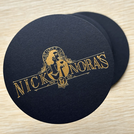 Custom paper circle shape letterpress cards printing with gold foil, coasters (black)