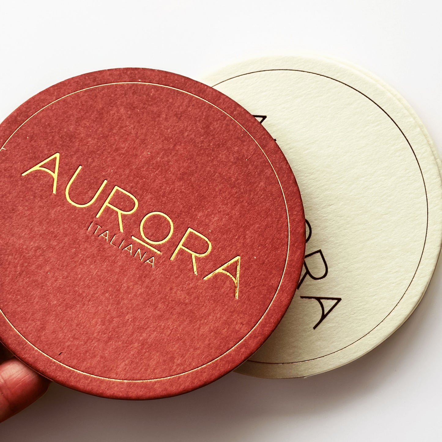 Custom paper circle shape letterpress cards printing with gold foil, coasters (red)