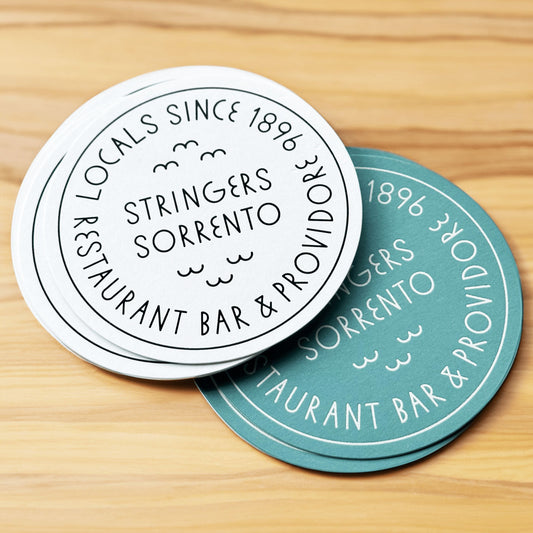 Custom paper circle shape letterpress cards printing with gold foil, coasters (green/white)