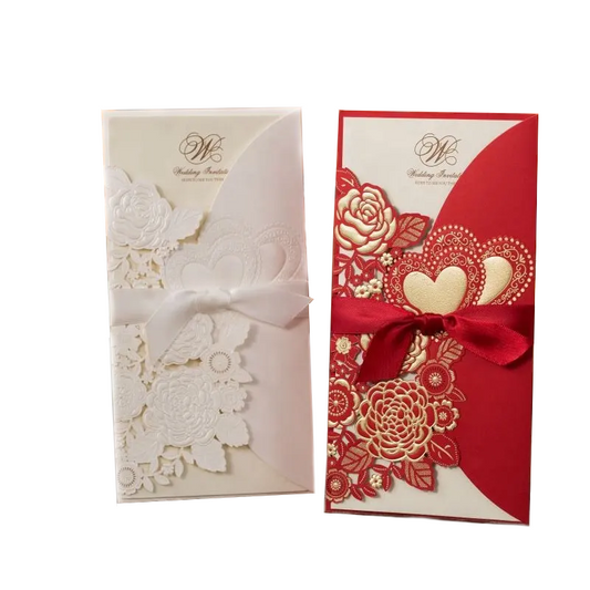 Luxury invitation wedding customised menu cards laser cut designs gold foil stamping, red